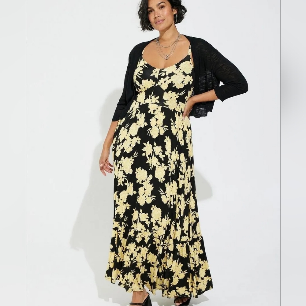 Torrid Maxi Super Soft Tiered Dress, Yellow and Black Floral, Size 4x